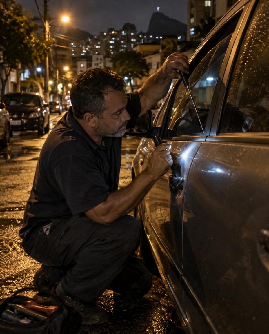 Chaveiro abrindo um carro à noite no Rio de Janeiro