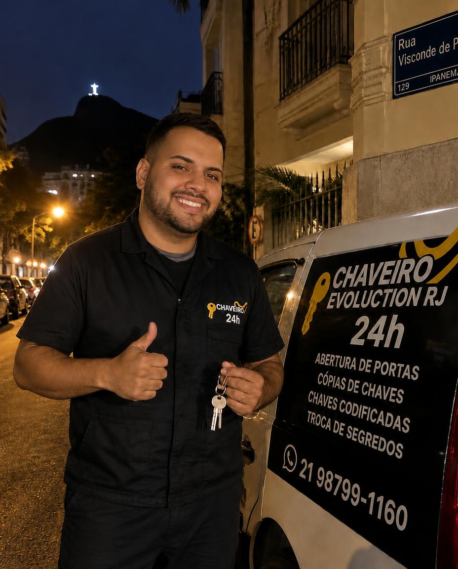 Dono da Chaveiro Evoluction RJ ao lado da van de atendimento 24h no Rio de Janeiro